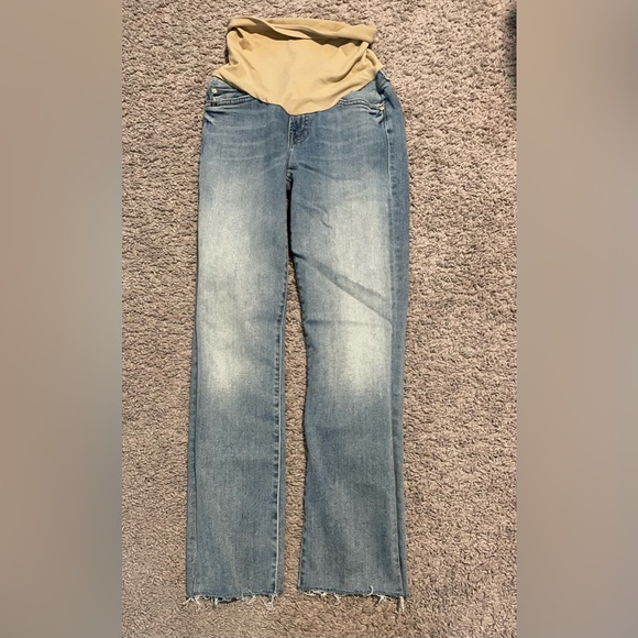 MOTHER Pants - MOTHER Straight Leg Maternity Jeans in Light Wash Blue with Tan Waistband
